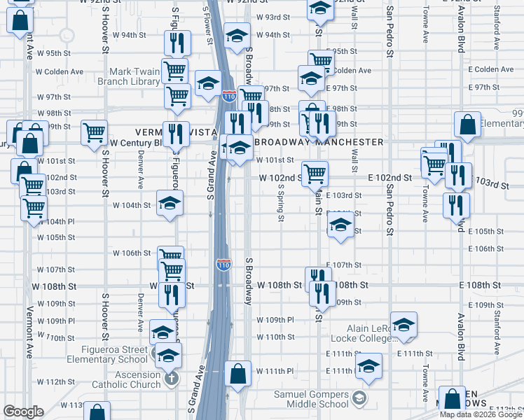 map of restaurants, bars, coffee shops, grocery stores, and more near 3 West 104th Street in Los Angeles