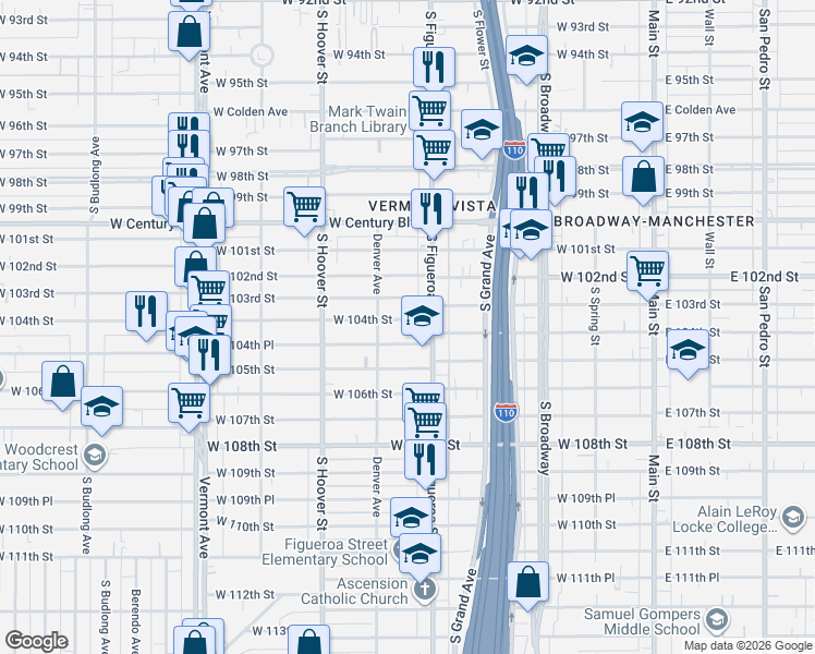 map of restaurants, bars, coffee shops, grocery stores, and more near 536 West 104th Street in Los Angeles