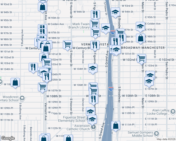 map of restaurants, bars, coffee shops, grocery stores, and more near 536 West 104th Street in Los Angeles