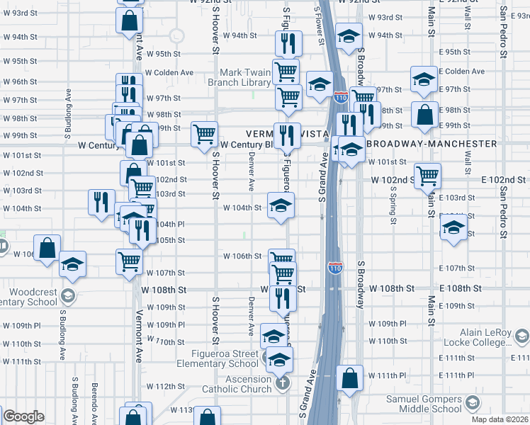 map of restaurants, bars, coffee shops, grocery stores, and more near 536 West 104th Street in Los Angeles