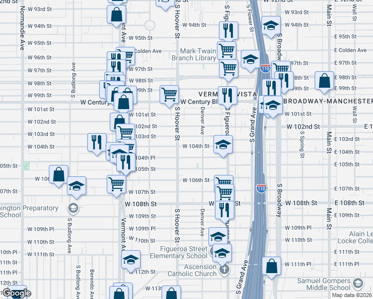 map of restaurants, bars, coffee shops, grocery stores, and more near 616 West 104th Street in Los Angeles