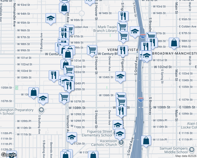 map of restaurants, bars, coffee shops, grocery stores, and more near 10407 South Hoover Street in Los Angeles