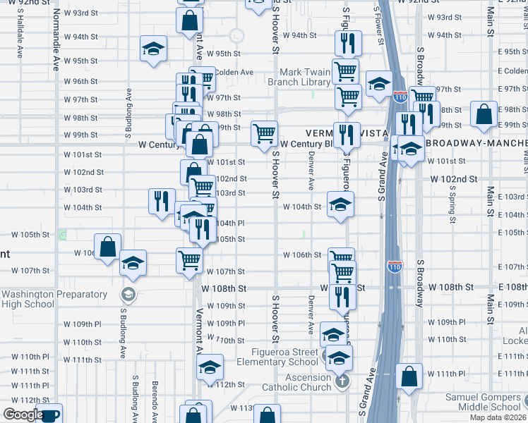 map of restaurants, bars, coffee shops, grocery stores, and more near 10407 South Hoover Street in Los Angeles