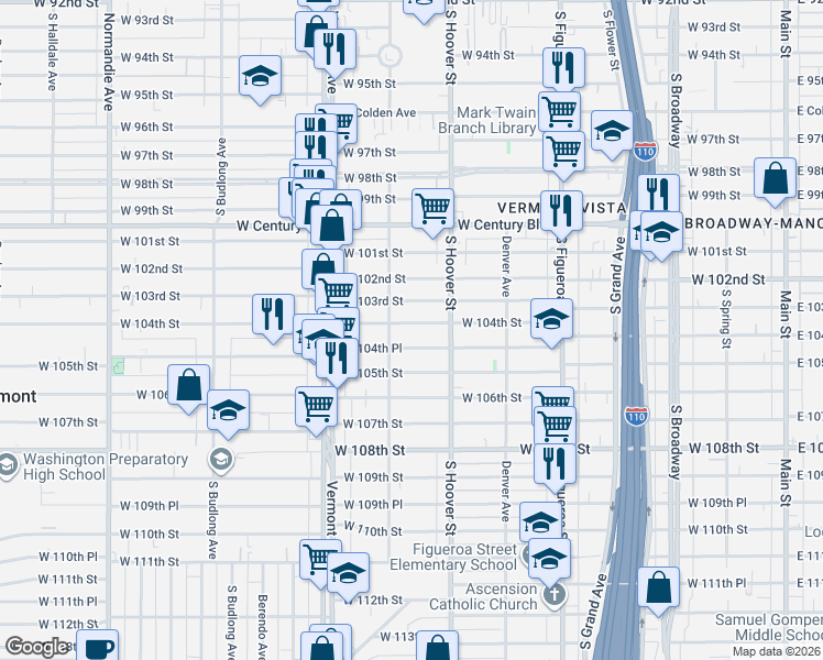 map of restaurants, bars, coffee shops, grocery stores, and more near 742 West 104th Street in Los Angeles