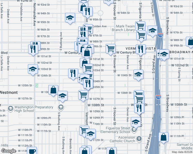 map of restaurants, bars, coffee shops, grocery stores, and more near 814 West 104th Street in Los Angeles