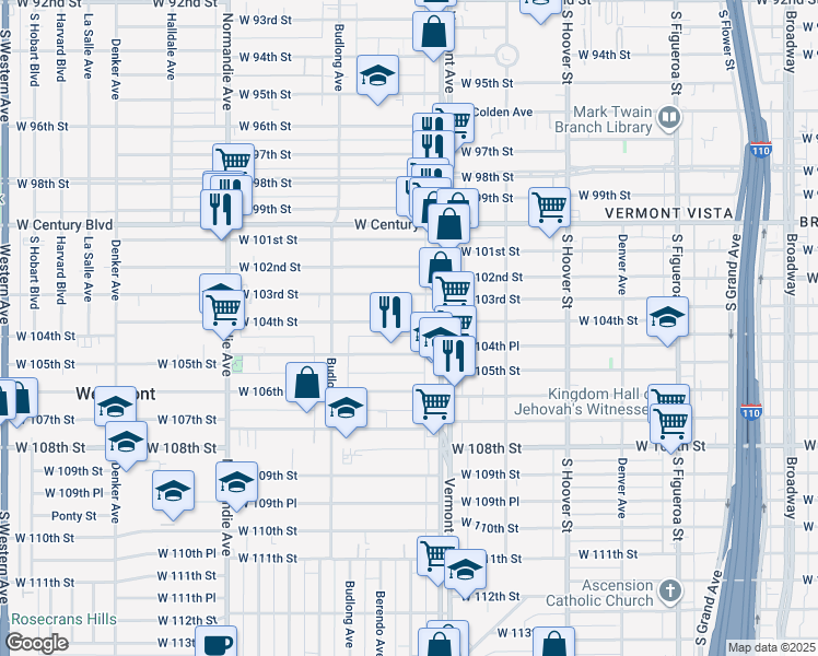 map of restaurants, bars, coffee shops, grocery stores, and more near 1028 West 104th Street in Los Angeles