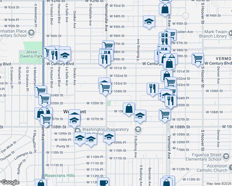 map of restaurants, bars, coffee shops, grocery stores, and more near 1318 West 104th Street in Los Angeles