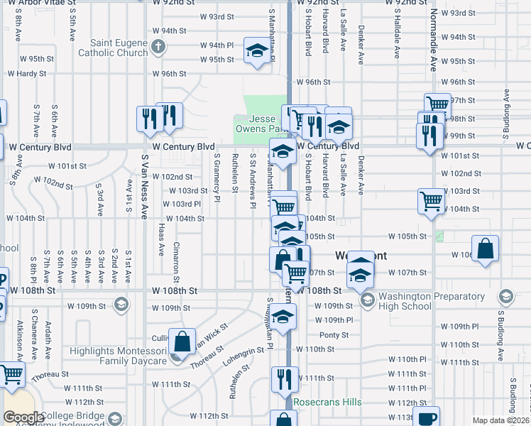 map of restaurants, bars, coffee shops, grocery stores, and more near 1861 West 104th Street in Los Angeles