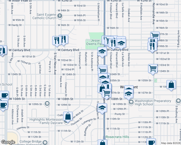 map of restaurants, bars, coffee shops, grocery stores, and more near 1861 West 104th Street in Los Angeles