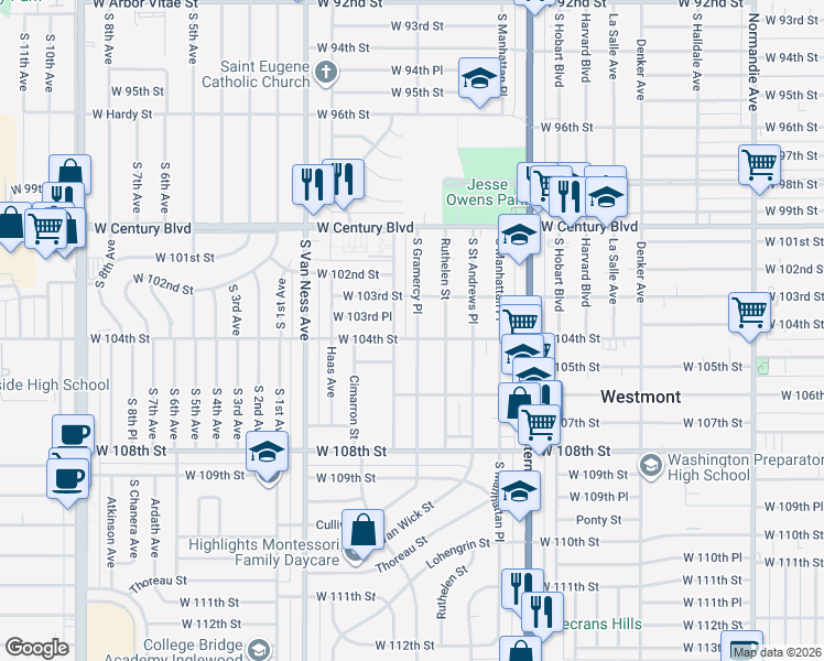map of restaurants, bars, coffee shops, grocery stores, and more near 2017 West 104th Street in Los Angeles
