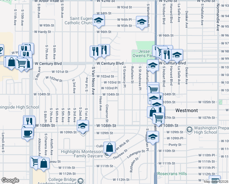 map of restaurants, bars, coffee shops, grocery stores, and more near 2059 West 104th Street in Los Angeles