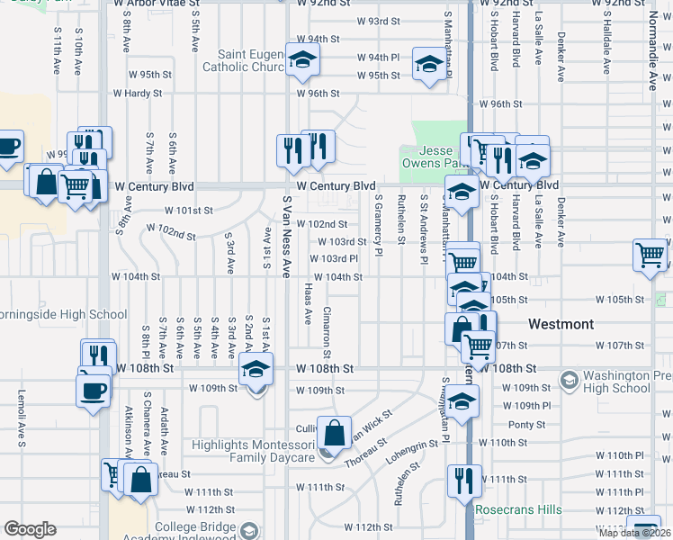 map of restaurants, bars, coffee shops, grocery stores, and more near 2059 West 104th Street in Los Angeles