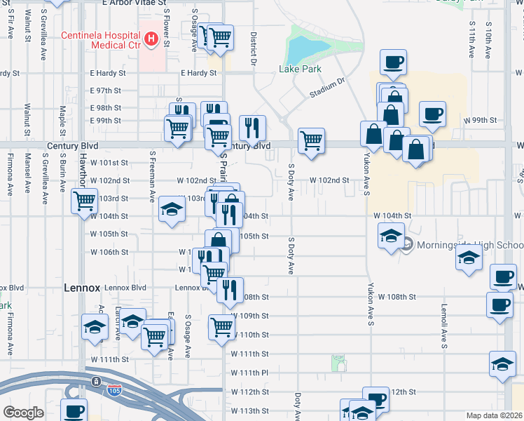 map of restaurants, bars, coffee shops, grocery stores, and more near 3835 West 104th Street in Inglewood