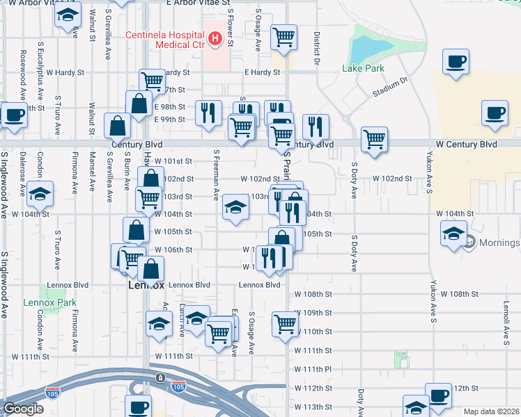 map of restaurants, bars, coffee shops, grocery stores, and more near 4043 West 104th Street in Inglewood