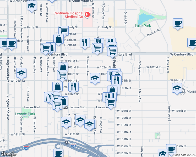 map of restaurants, bars, coffee shops, grocery stores, and more near 4103 West 104th Street in Lennox