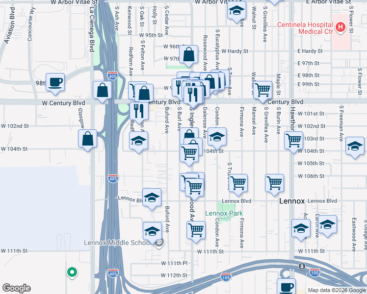 map of restaurants, bars, coffee shops, grocery stores, and more near 4811 West 104th Street in Inglewood