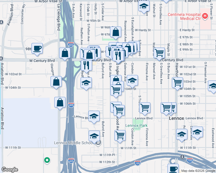 map of restaurants, bars, coffee shops, grocery stores, and more near 10330 Buford Avenue in Inglewood