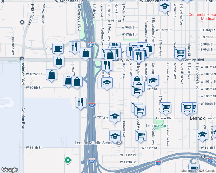 map of restaurants, bars, coffee shops, grocery stores, and more near 10326 Redfern Avenue in Lennox