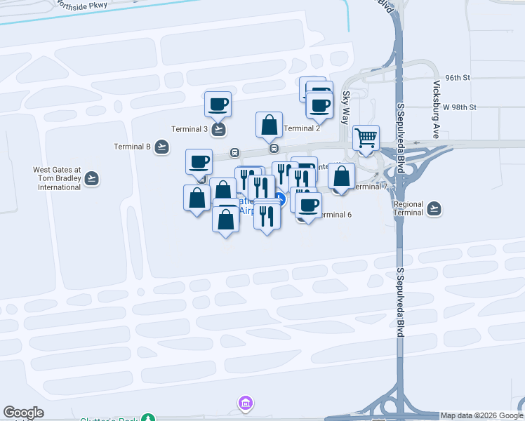 map of restaurants, bars, coffee shops, grocery stores, and more near 500 World Way in Los Angeles