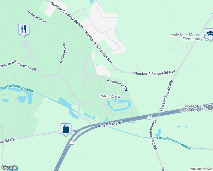 map of restaurants, bars, coffee shops, grocery stores, and more near 164 Drummond Drive Northwest in Calabash