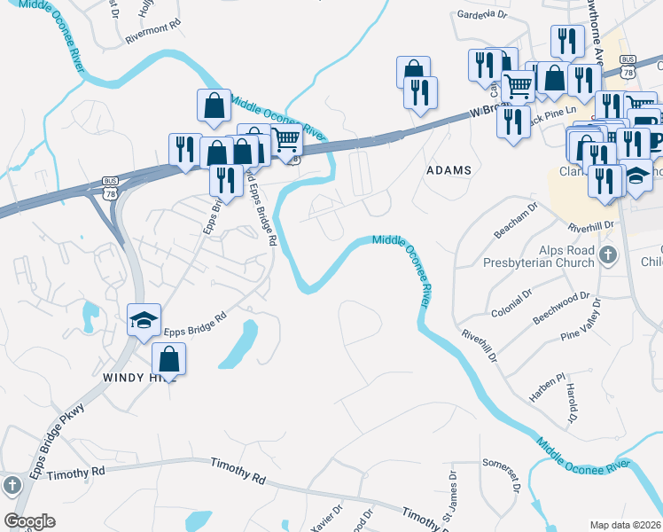 map of restaurants, bars, coffee shops, grocery stores, and more near 220 Hawthorne Park in Athens