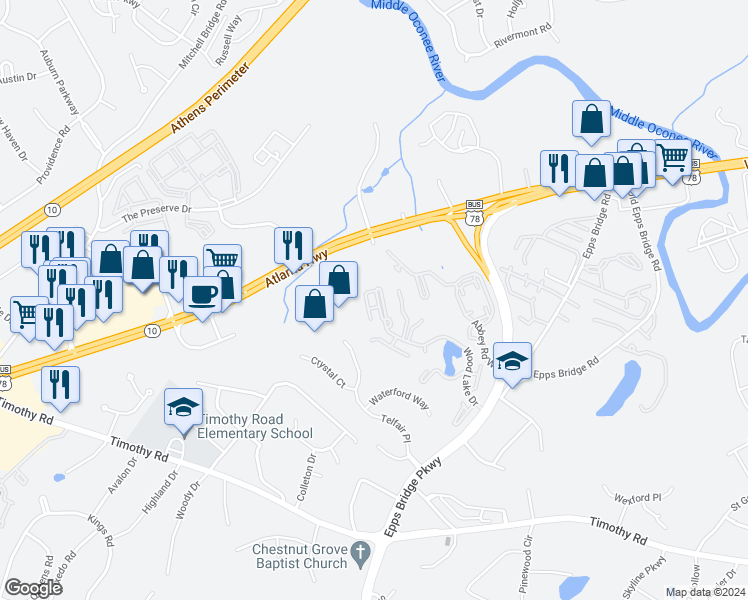 map of restaurants, bars, coffee shops, grocery stores, and more near 132 Wood Lake Drive in Athens