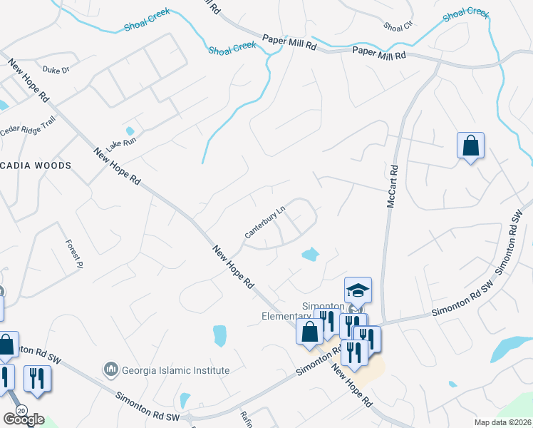 map of restaurants, bars, coffee shops, grocery stores, and more near 210 Canterbury Lane in Lawrenceville
