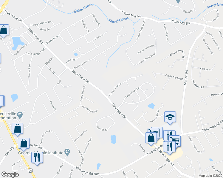 map of restaurants, bars, coffee shops, grocery stores, and more near 164 Hickory View Drive in Lawrenceville