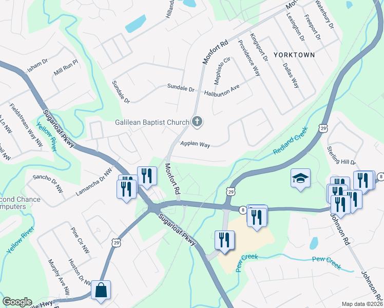 map of restaurants, bars, coffee shops, grocery stores, and more near 1401 Charter Oaks Lane in Lawrenceville