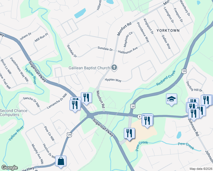 map of restaurants, bars, coffee shops, grocery stores, and more near 1461 Charter Oaks Lane in Lawrenceville