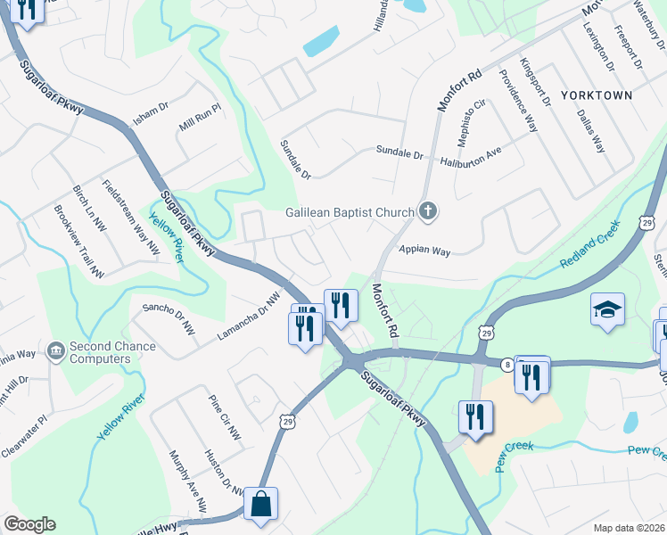map of restaurants, bars, coffee shops, grocery stores, and more near 628 Parc River Boulevard in Lawrenceville
