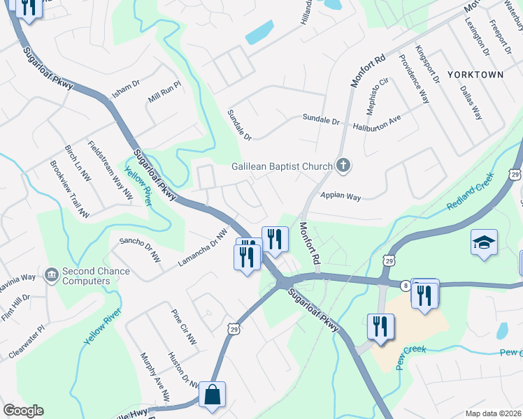 map of restaurants, bars, coffee shops, grocery stores, and more near 742 River Hill Drive in Lawrenceville