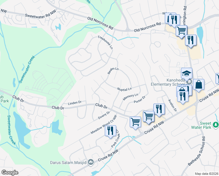 map of restaurants, bars, coffee shops, grocery stores, and more near 2965 Clipper Court in Lawrenceville