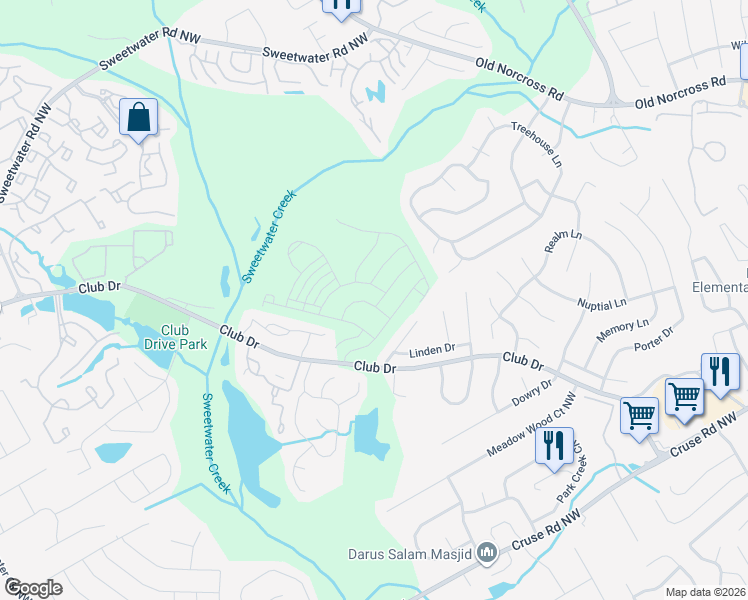 map of restaurants, bars, coffee shops, grocery stores, and more near 3157 Club Drive in Lawrenceville