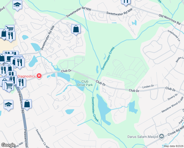 map of restaurants, bars, coffee shops, grocery stores, and more near 3221 Tennington Place in Lawrenceville