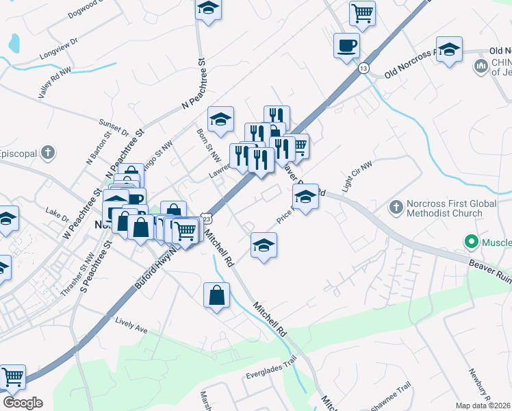map of restaurants, bars, coffee shops, grocery stores, and more near 310 Summer Place Northwest in Norcross