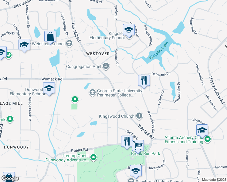 map of restaurants, bars, coffee shops, grocery stores, and more near 5164 Tilly Mill Road in Dunwoody