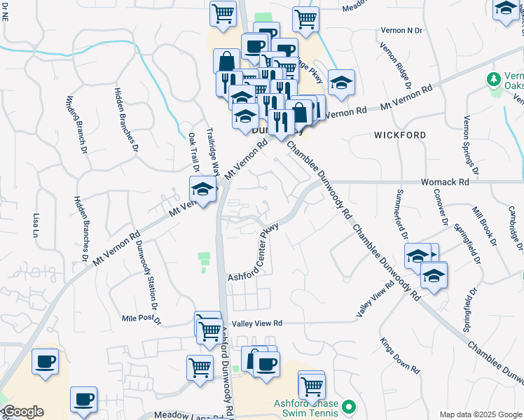 map of restaurants, bars, coffee shops, grocery stores, and more near 221 Ashford Circle in Dunwoody