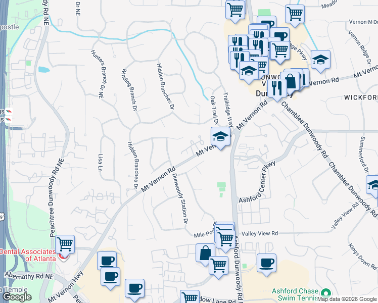 map of restaurants, bars, coffee shops, grocery stores, and more near 4894 Bellewood Park in Dunwoody