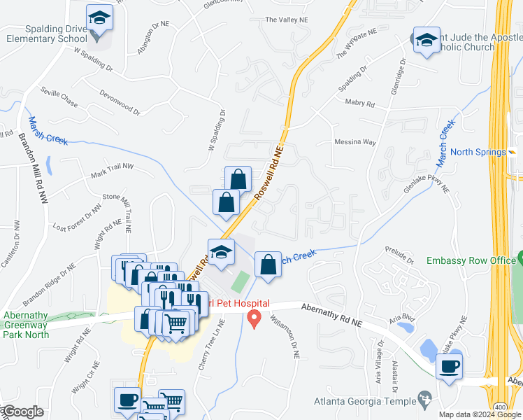 map of restaurants, bars, coffee shops, grocery stores, and more near 6851 Roswell Road Northeast in Atlanta