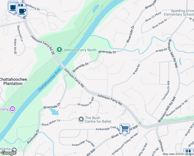 map of restaurants, bars, coffee shops, grocery stores, and more near 235 Landfall Road in Sandy Springs