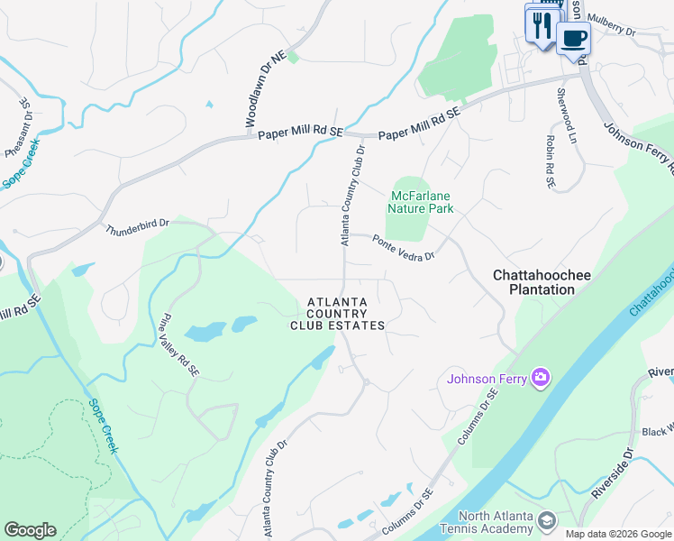 map of restaurants, bars, coffee shops, grocery stores, and more near 220 Atlanta Country Club Drive in Marietta