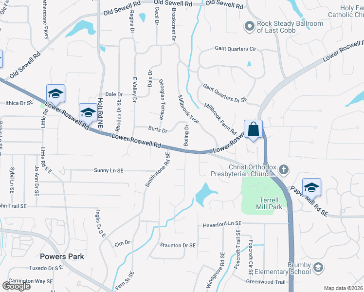 map of restaurants, bars, coffee shops, grocery stores, and more near 2811 Lower Roswell Road in Marietta