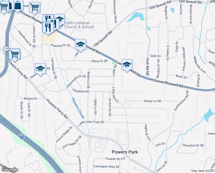 map of restaurants, bars, coffee shops, grocery stores, and more near 2340 Engineers Drive Southeast in Marietta