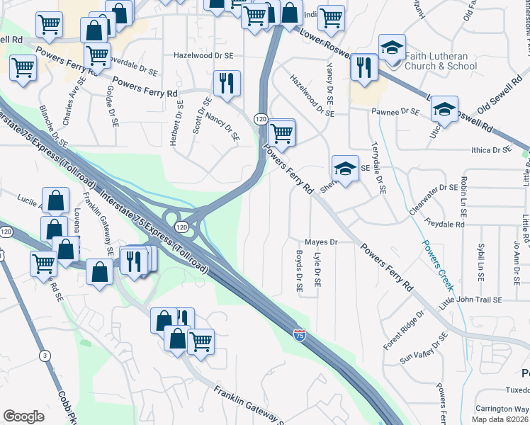 map of restaurants, bars, coffee shops, grocery stores, and more near 413 Virginia Place Southeast in Marietta