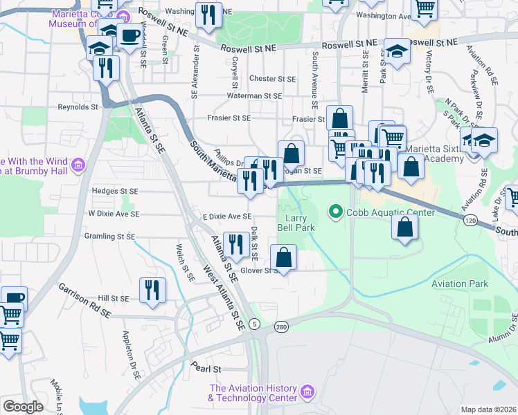 map of restaurants, bars, coffee shops, grocery stores, and more near 394 Sycamore Street in Marietta