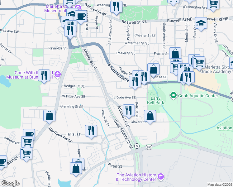 map of restaurants, bars, coffee shops, grocery stores, and more near 287 East Dixie Avenue Southeast in Marietta