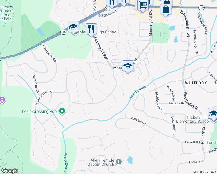 map of restaurants, bars, coffee shops, grocery stores, and more near 428 Lees Trace Southwest in Marietta