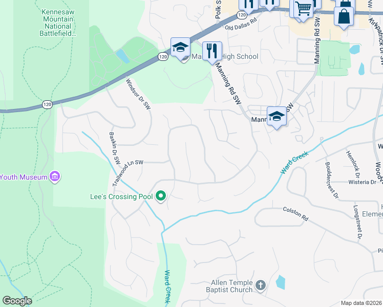 map of restaurants, bars, coffee shops, grocery stores, and more near 1130 Cedar Branch Court Southwest in Marietta