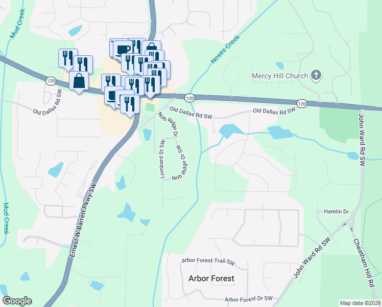 map of restaurants, bars, coffee shops, grocery stores, and more near 757 Nob Ridge Drive in Marietta